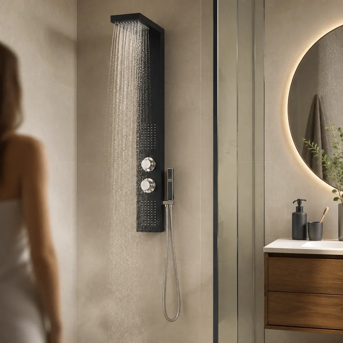 Panneau de douche hydromassant noir, jets latéraux et tête de pluie