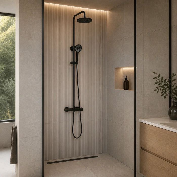 Colonne de douche thermostatique noire, barre murale et douchette