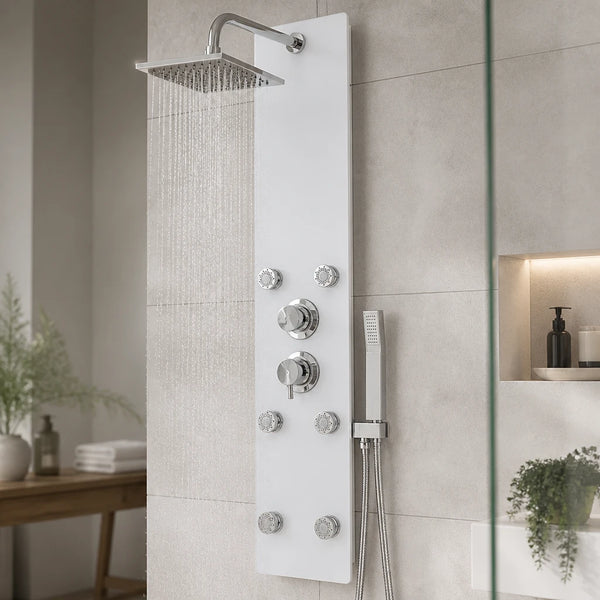 Panneau de douche hydromassant verre trempé blanc