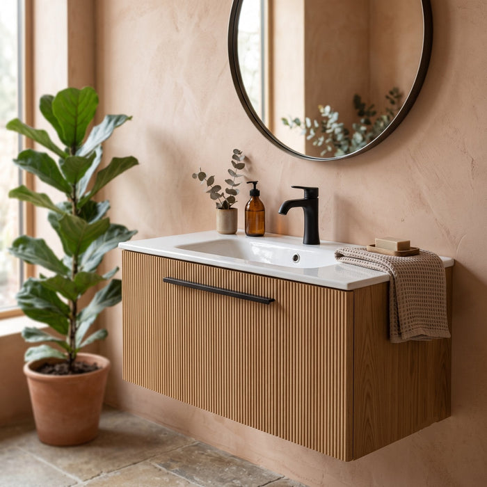 Meuble vasque avec vasque en céramique blanche incluse et façade bois