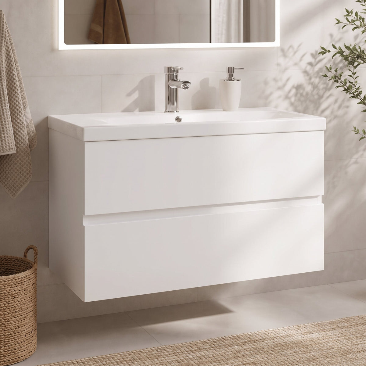 Meuble vasque 1 tiroir sans poignée 80 cm, finition Blanc mat