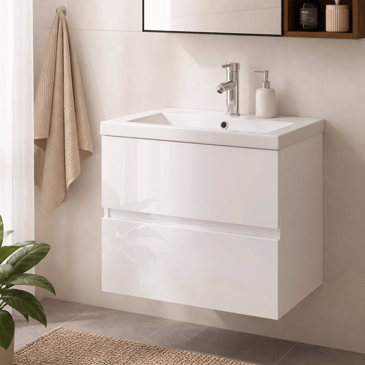 Meuble vasque 1 tiroir sans poignée 60 cm, finition Blanc mat