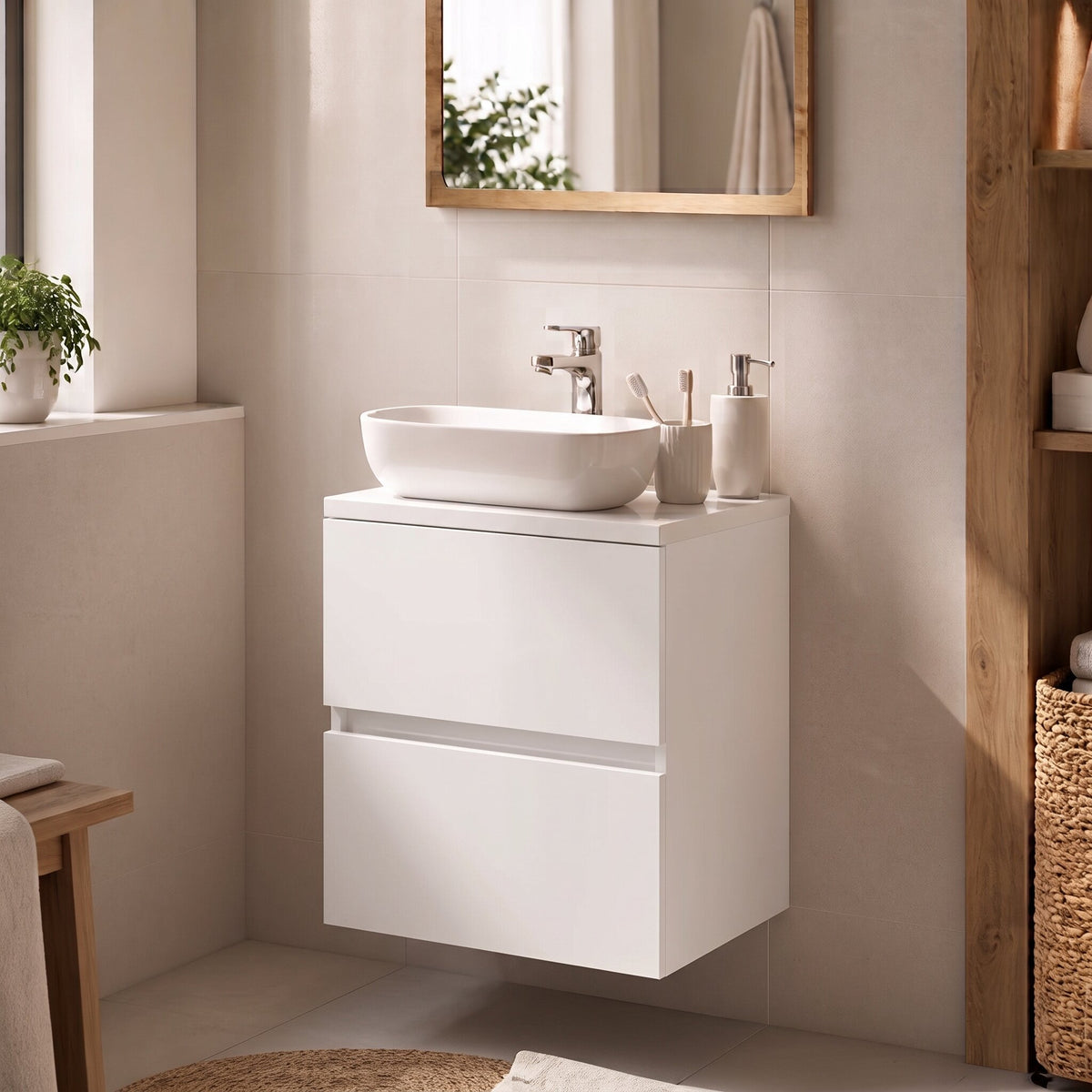 Meuble sous-vasque sans poignée 41 cm, finition Blanc mat
