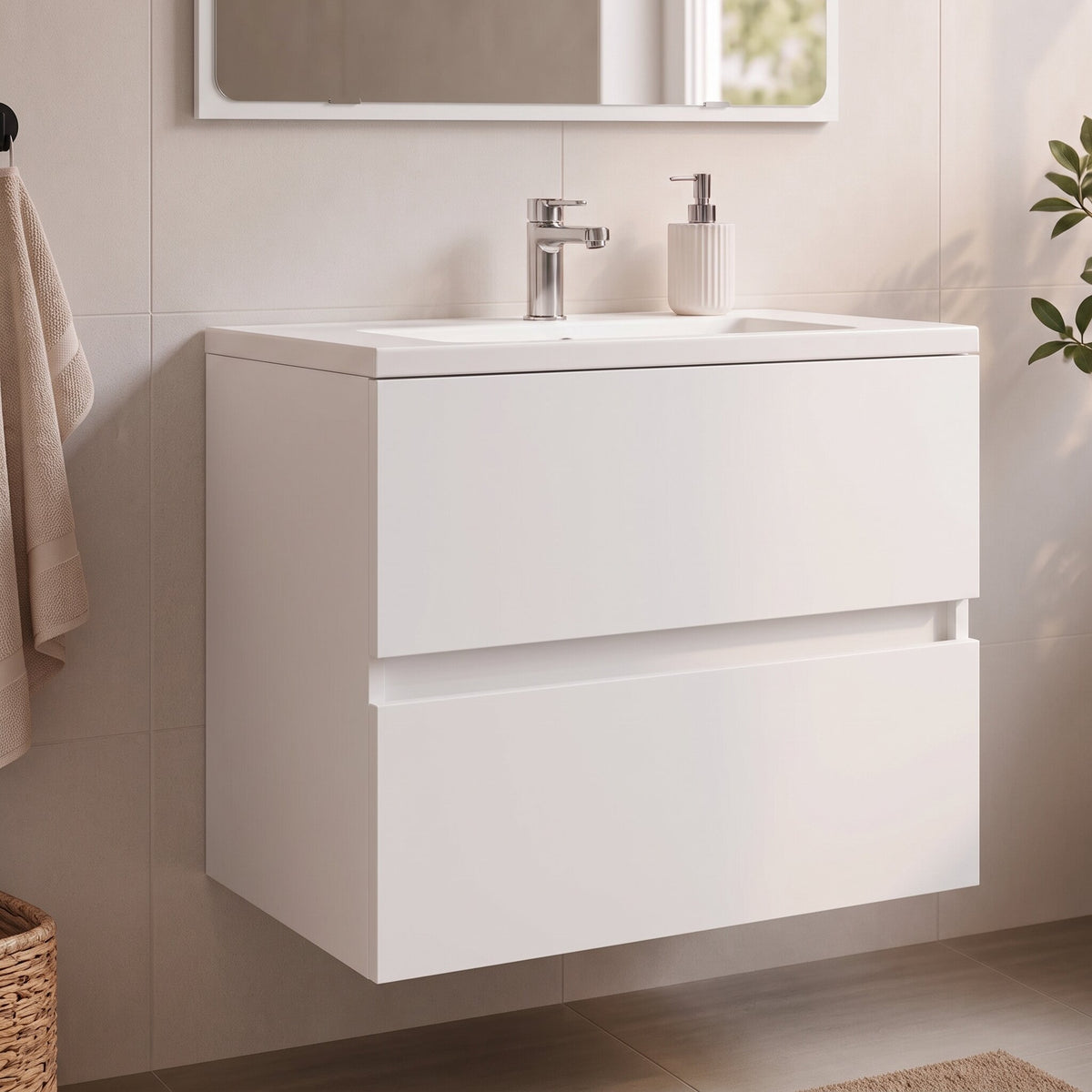 Meuble sous-vasque sans poignée 60 cm, finition Blanc mat