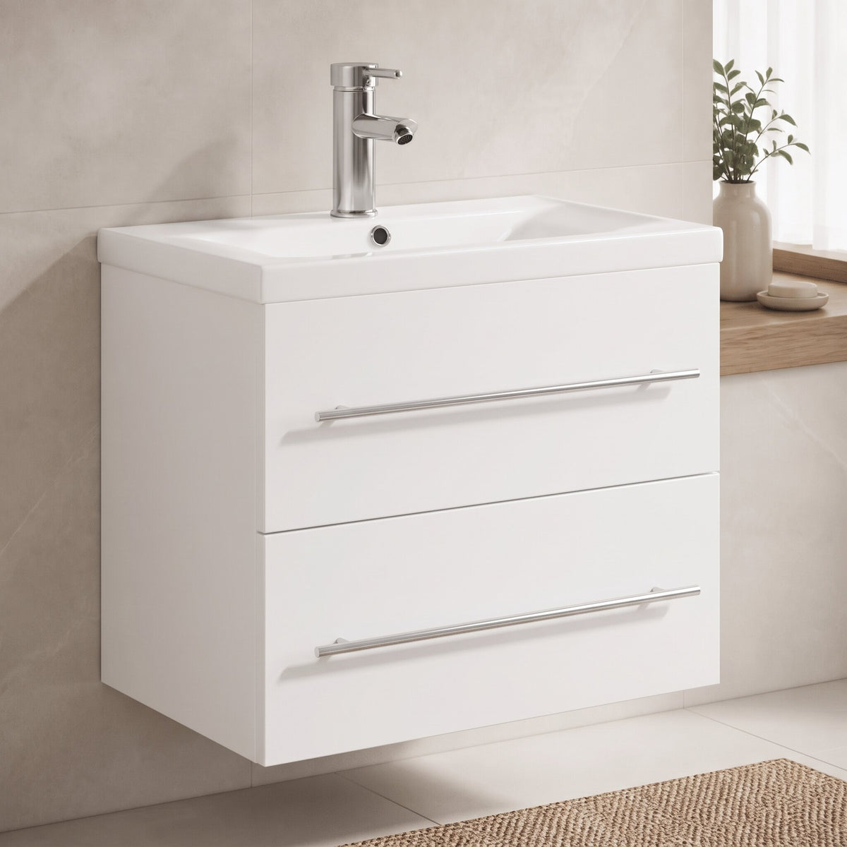 Meuble vasque 1 tiroir à poignée 60 cm, finition Blanc mat