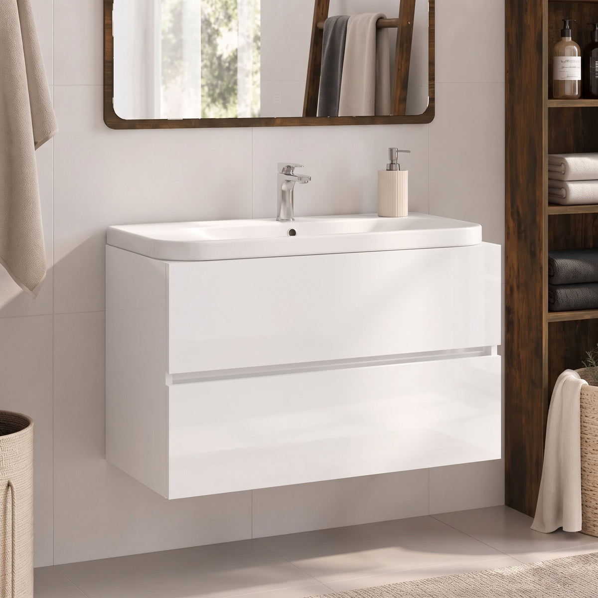 Meuble sous-vasque sans poignée 80 cm, finition Blanc mat