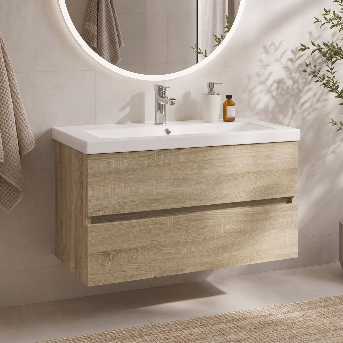 Meuble vasque 1 tiroir sans poignée 80 cm, finition Chêne sonoma