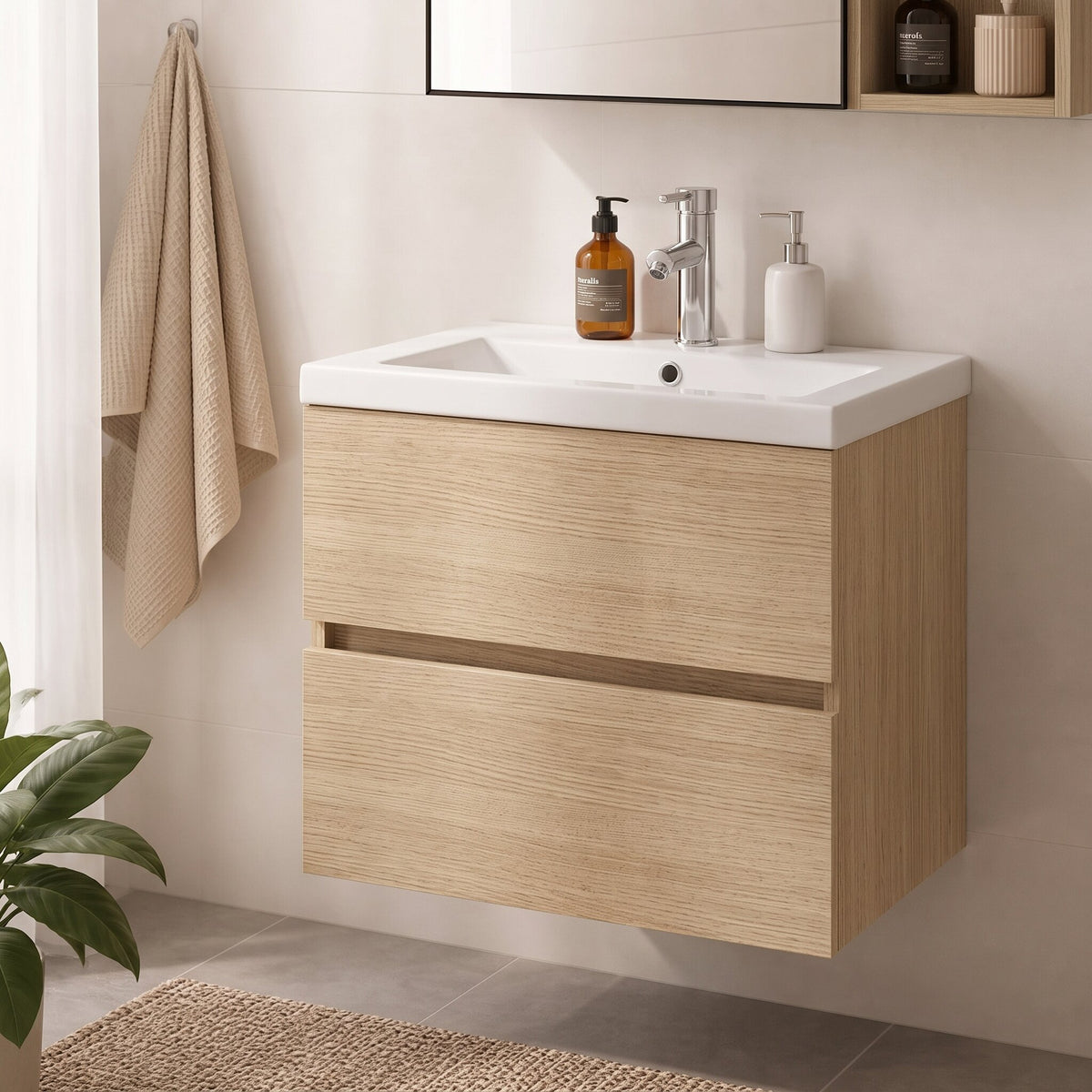 Meuble vasque 1 tiroir sans poignée 60 cm, finition Chêne sonoma