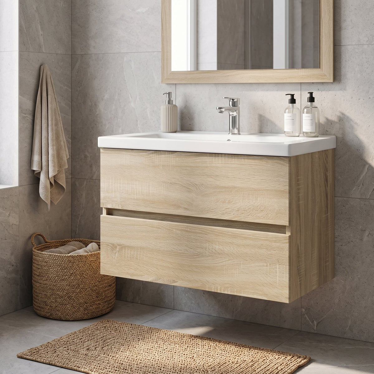 Meuble sous-vasque sans poignée 80 cm, finition Chêne sonoma
