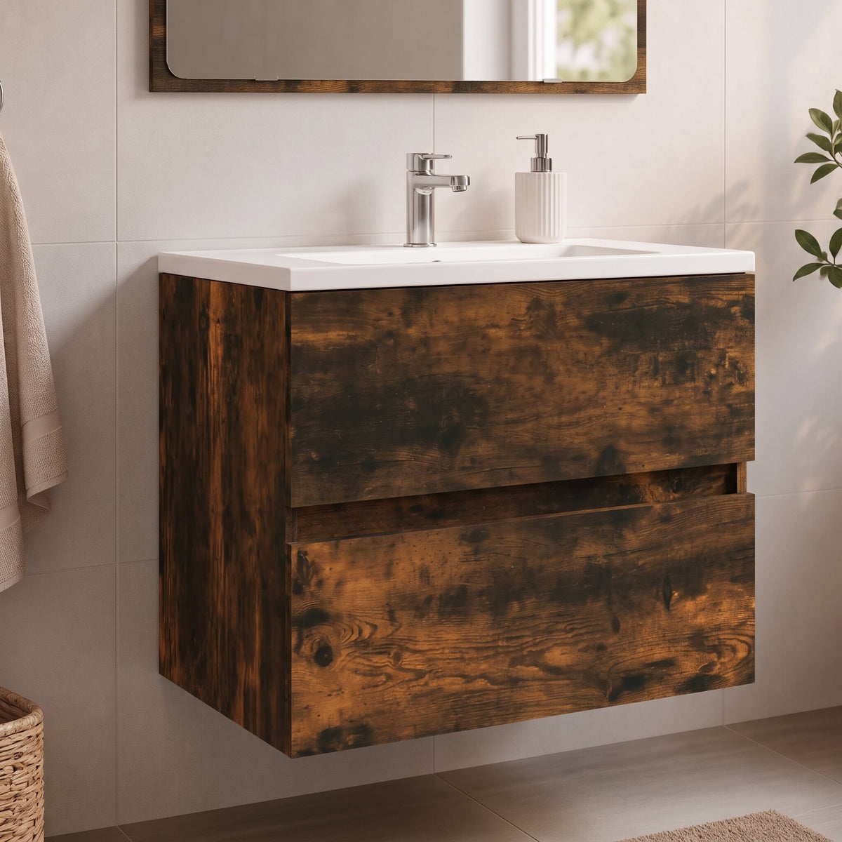 Meuble sous-vasque sans poignée 60 cm, finition Chêne fumé