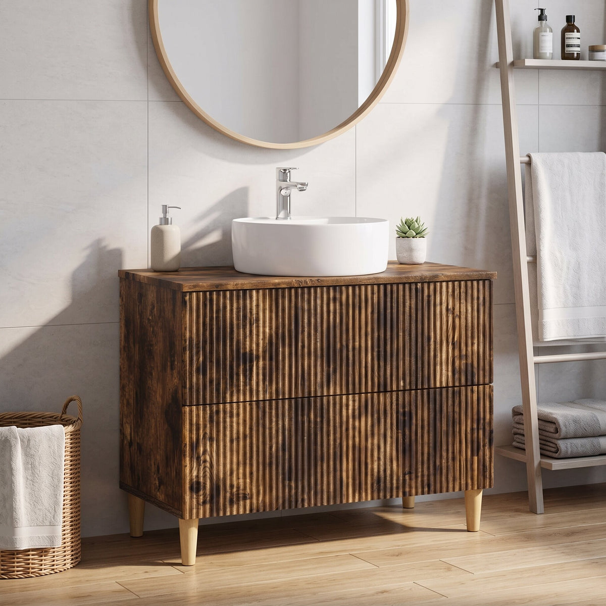 Meuble sous Lavabo de Salle de Bain ARNHEM, finition Chêne fumé
