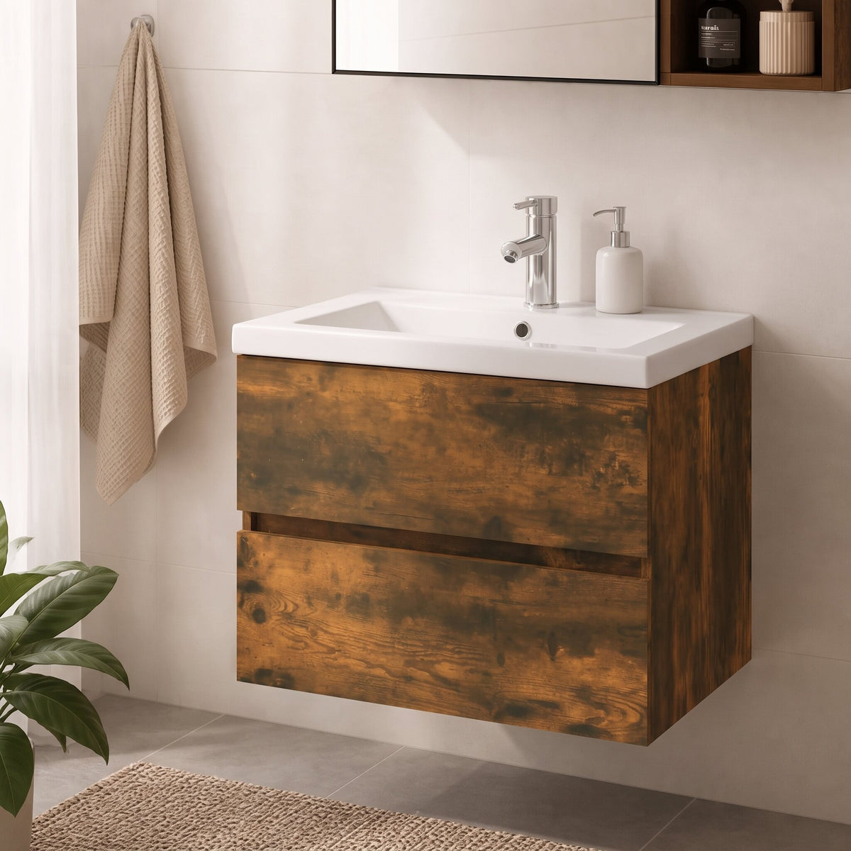 Meuble vasque 1 tiroir sans poignée 60 cm, finition Chêne fumé