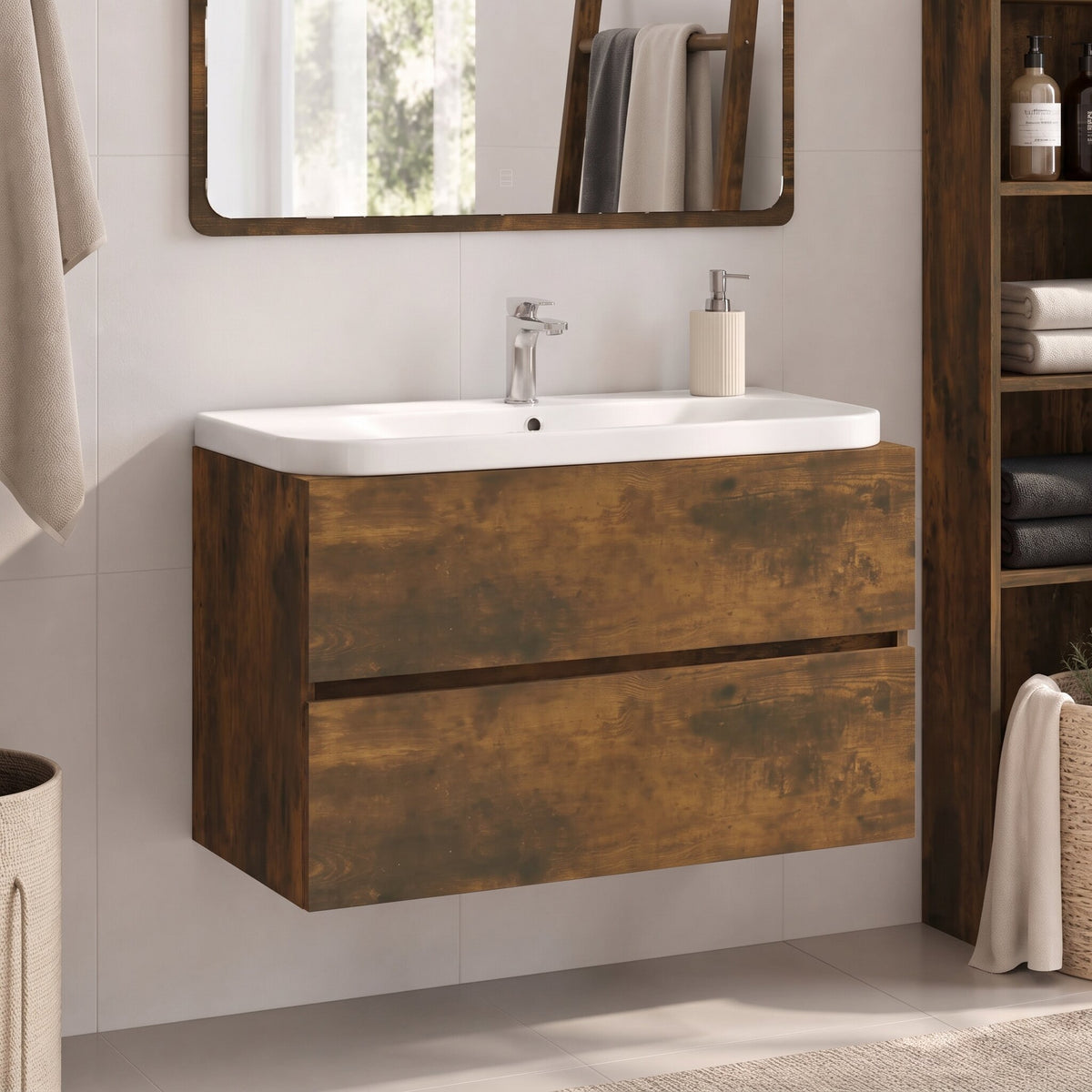 Meuble sous-vasque sans poignée 80 cm, finition Chêne fumé