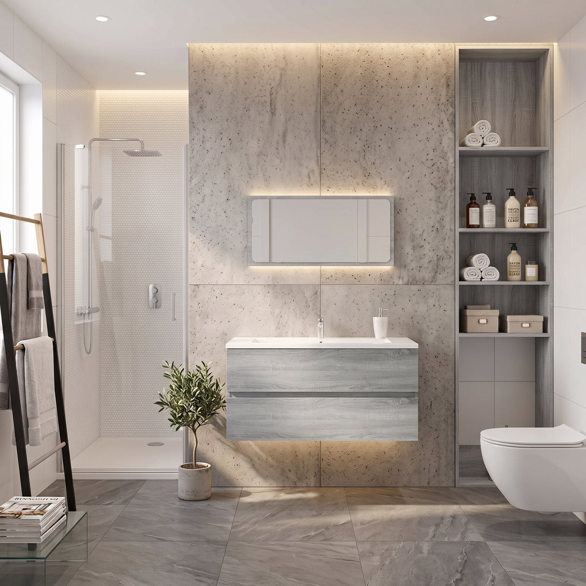 Meuble sous-vasque sans poignée 100 cm, finition Gris nuancé