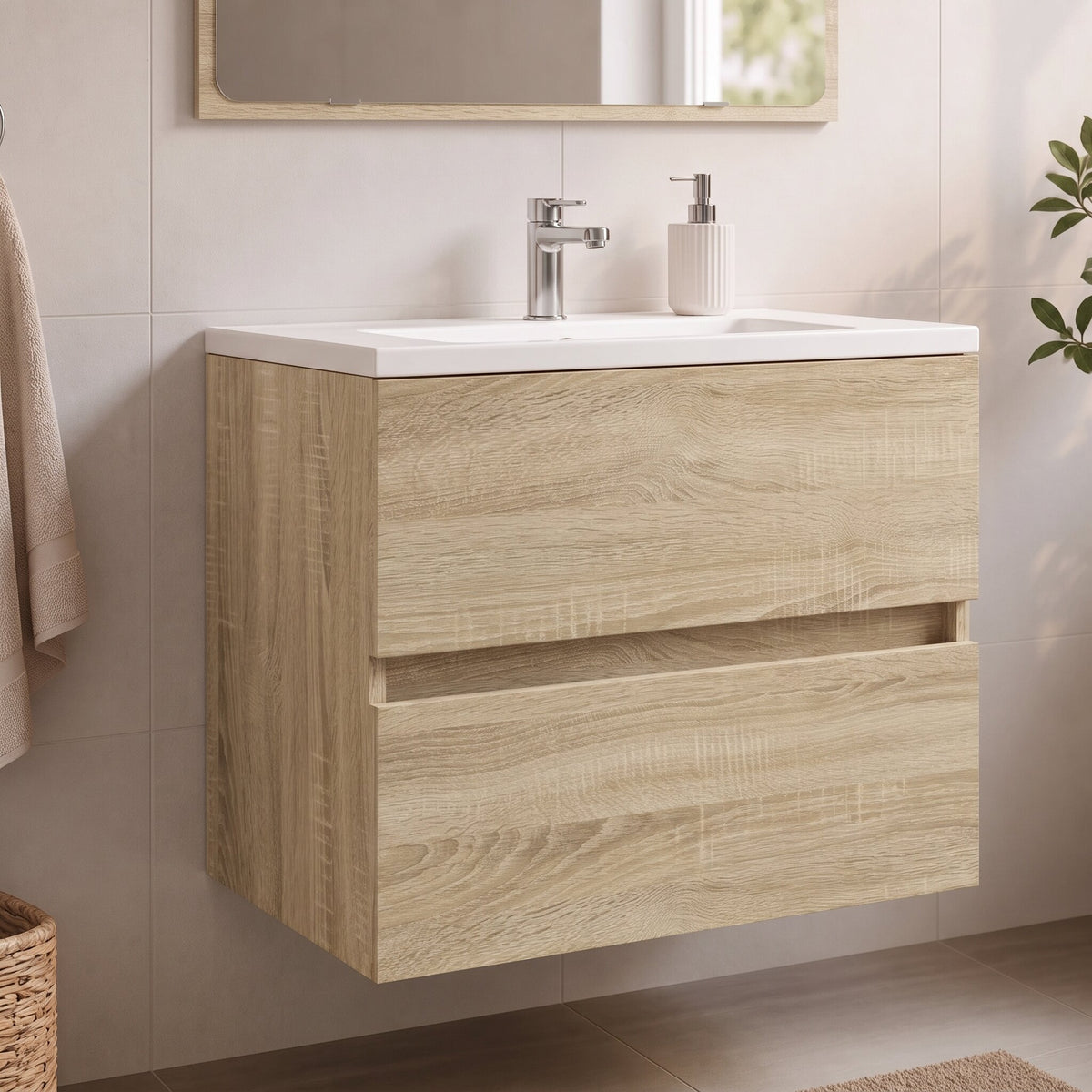 Meuble sous-vasque sans poignée 60 cm, finition Chêne sonoma