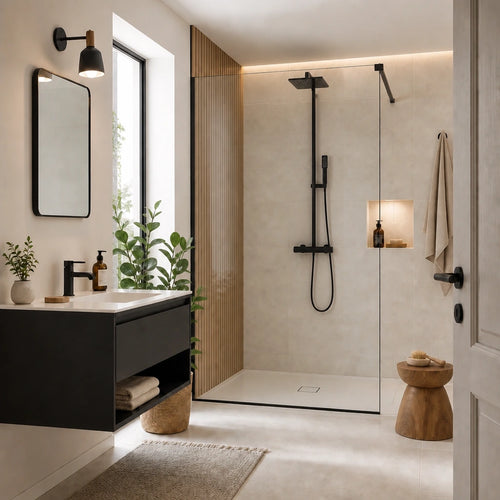 Colonne de douche thermostatique noire — tête carrée