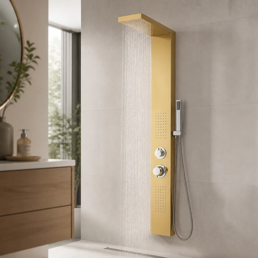 Panneau de douche hydromassant doré finition miroir de 130 cm