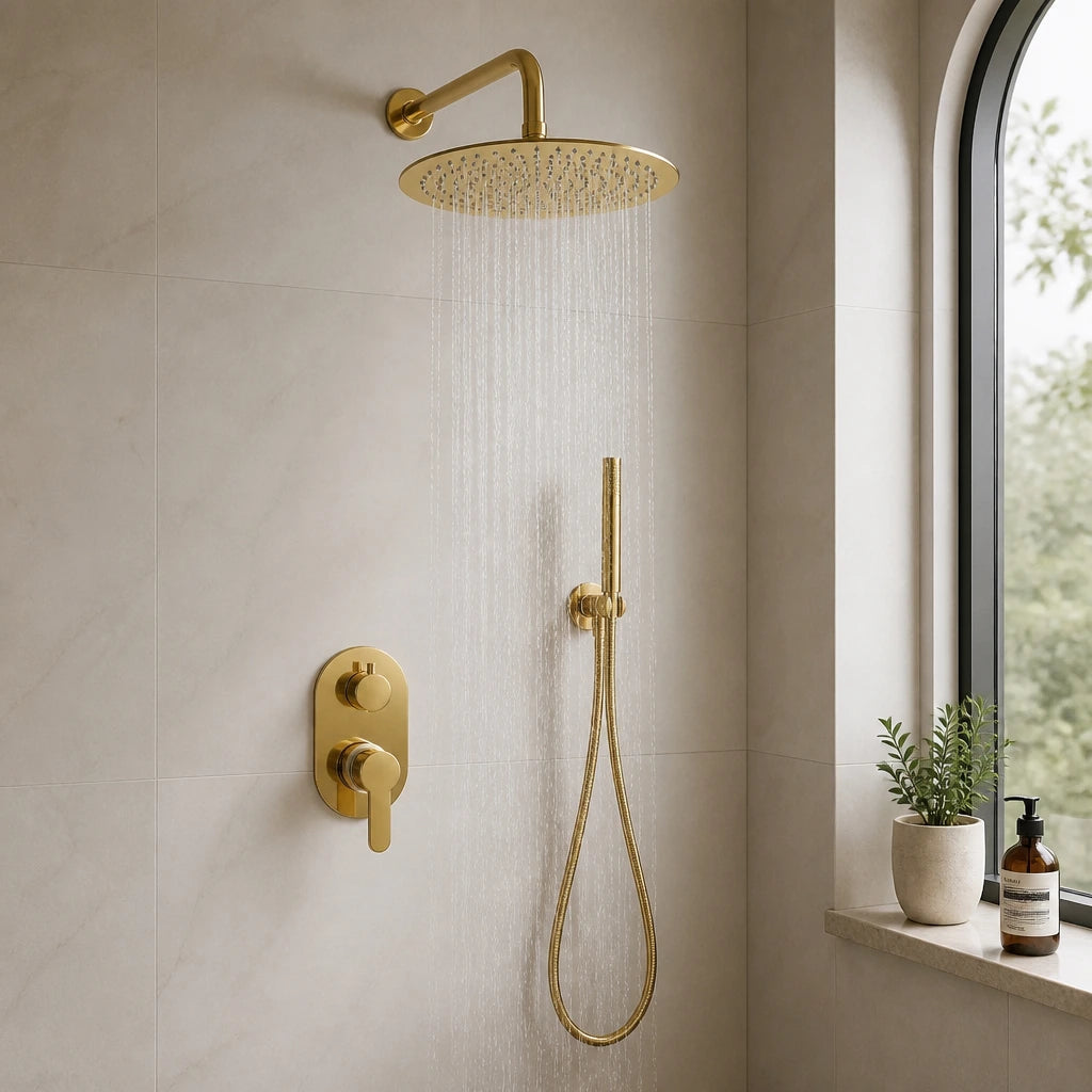 Colonne de douche dorée à tête de pluie 30 × 30 cm et bras de 40 cm