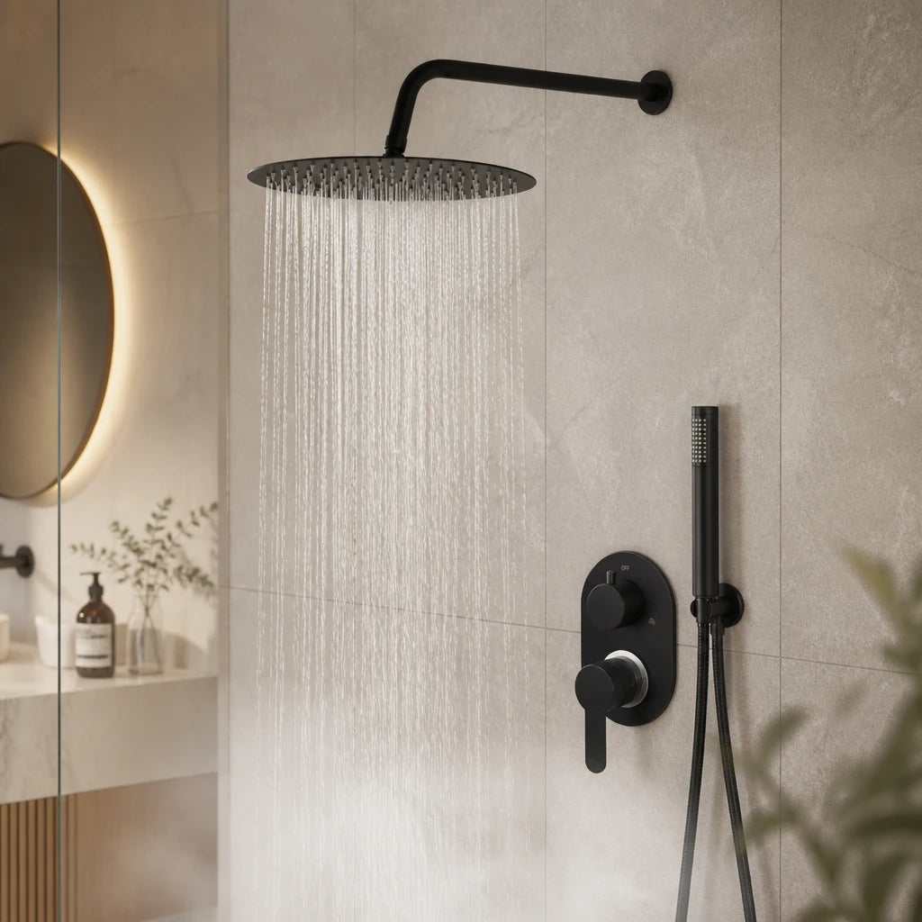 Colonne de douche noire à tête de pluie 30 × 30 cm et bras droit de 40 cm