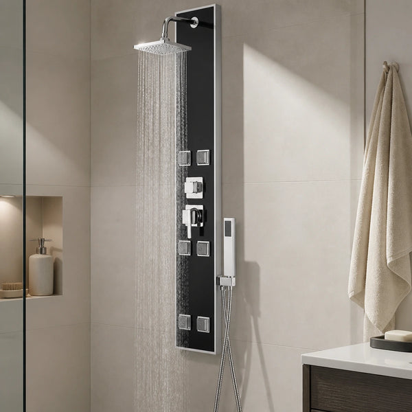 Panneau de douche hydromassant en verre trempé noir de 120 × 18 cm