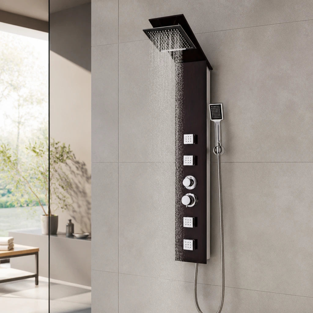 Panneau de douche hydromassant en verre à impression grain de bois brun