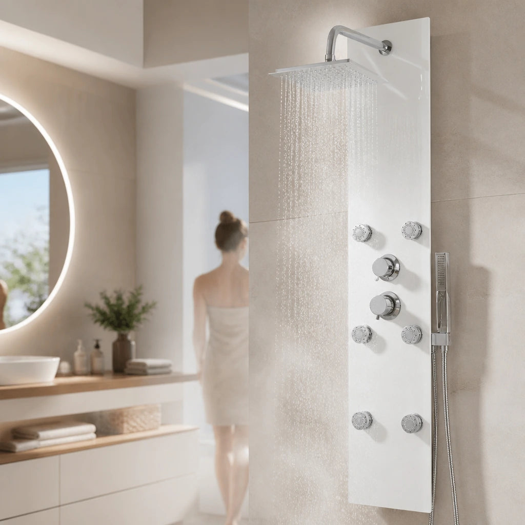 Pomme de pluie, cascade et buses de massage du panneau en verre trempé blanc