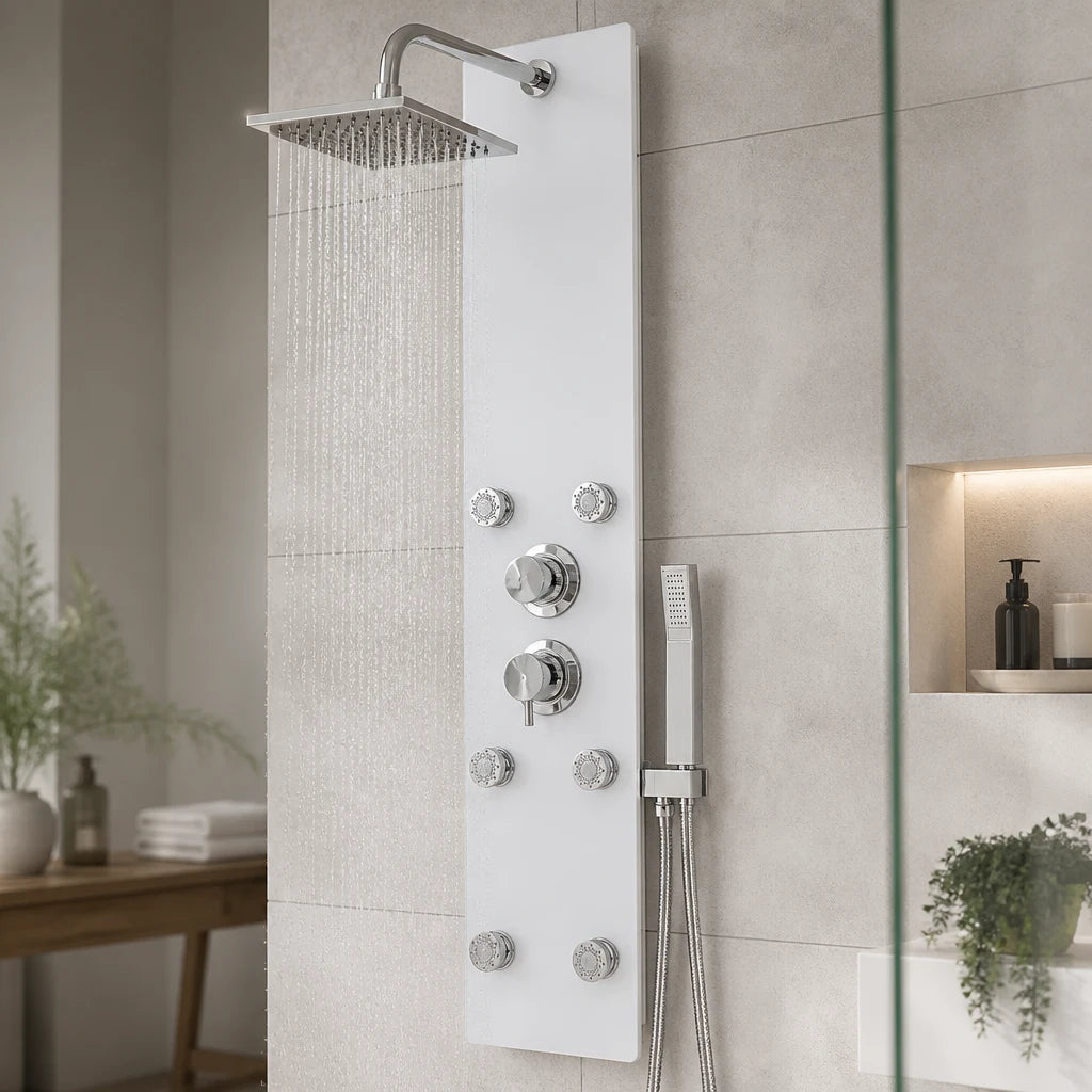 Panneau de douche hydromassant en verre trempé blanc de 130 × 25 cm