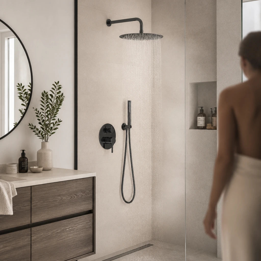 Tête de douche encastrée ronde noire de 30 cm sur bras rond de 32 cm