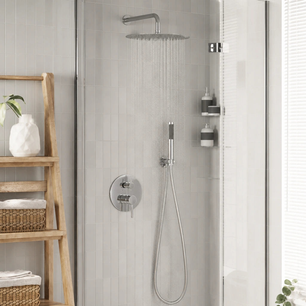 Tête de douche encastrée ronde argentée fixée au plafond de la douche