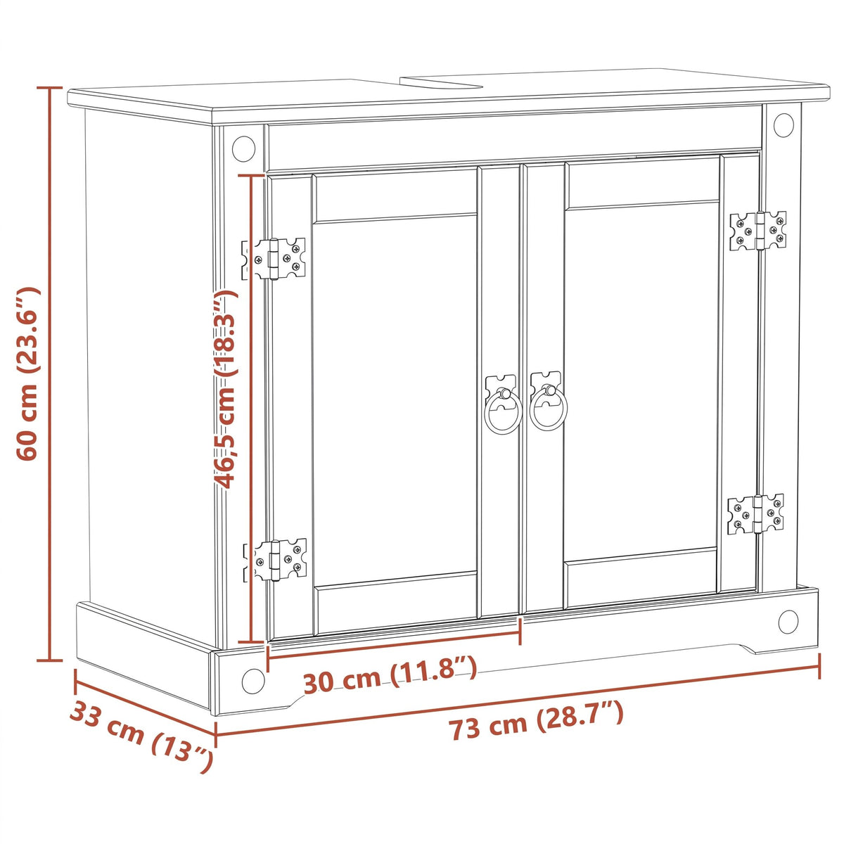 Meuble sous-vasque Corona 2 portes — pin massif — schéma des dimensions