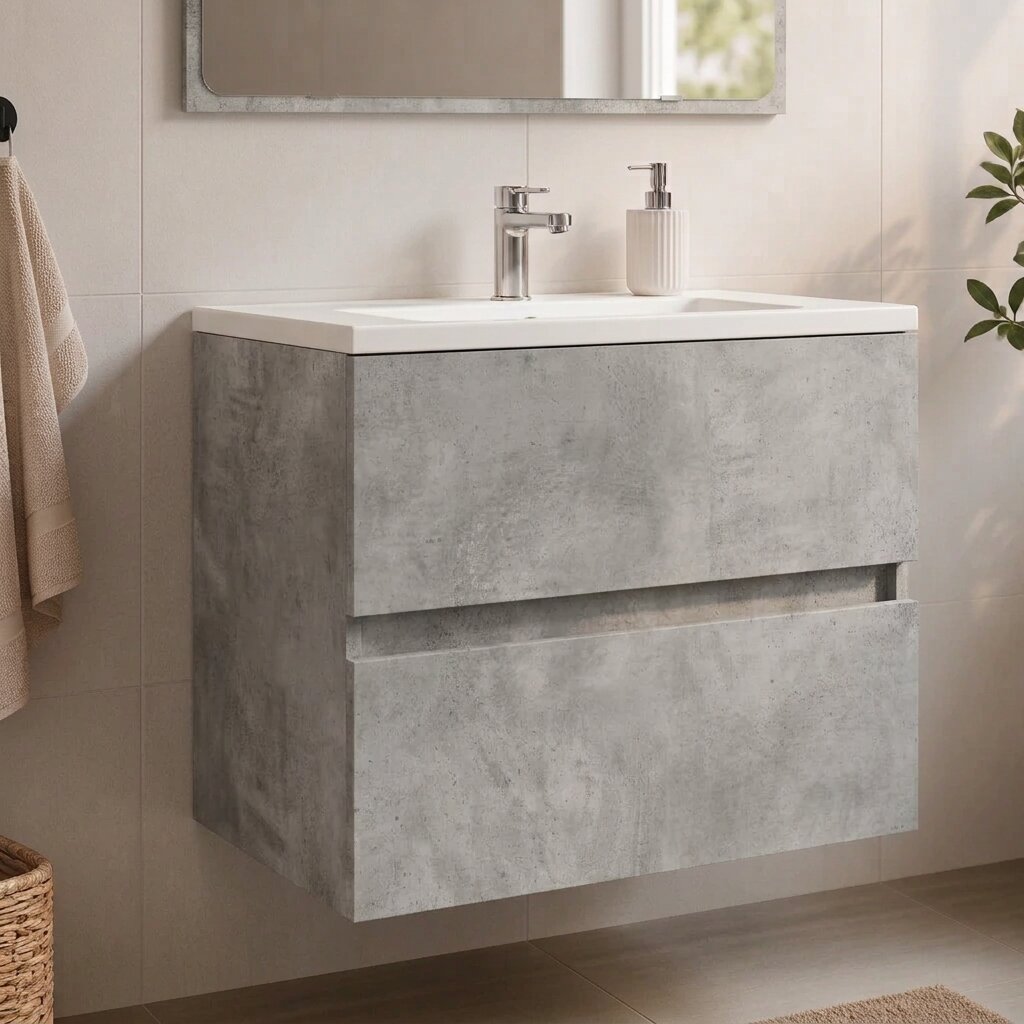 Meuble sous-vasque sans poignée 60 cm, finition Gris minéral