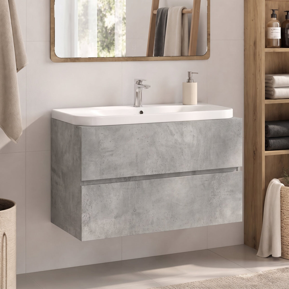 Meuble sous-vasque sans poignée 80 cm, finition Gris minéral