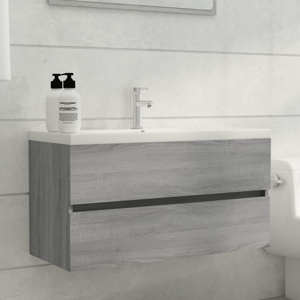 Meuble sous-vasque sans poignée 90 cm, finition Gris nuancé