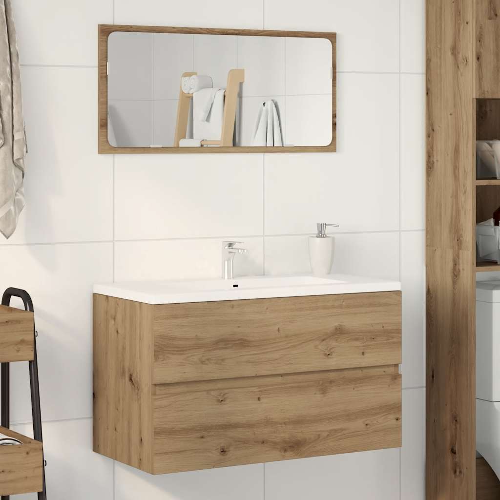 Meuble sous-vasque sans poignée 90 cm, finition Chêne artisanal