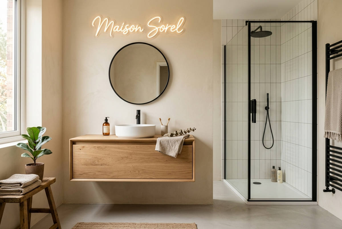 Meuble de salle de bain en bois clair avec vasque, dans une pièce à lumière naturelle