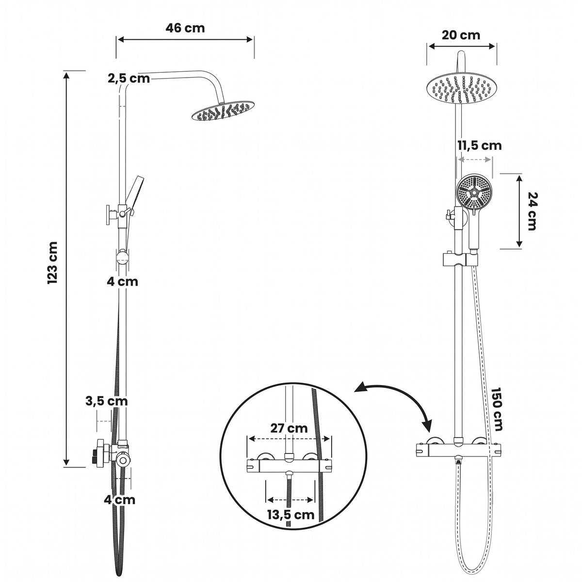 Colonne de douche thermostatique noire — schéma des dimensions