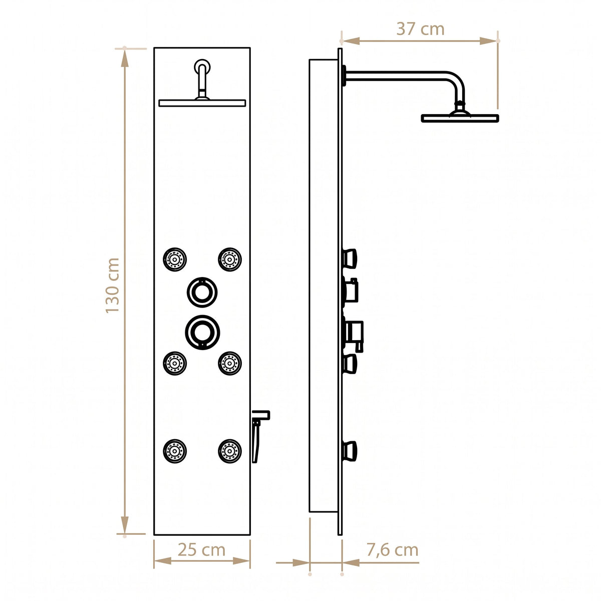 Panneau de douche hydromassant verre trempé blanc — schéma des dimensions