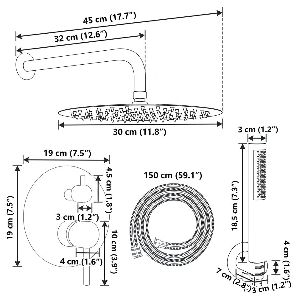 Colonne de douche encastrée ronde dorée — schéma des dimensions