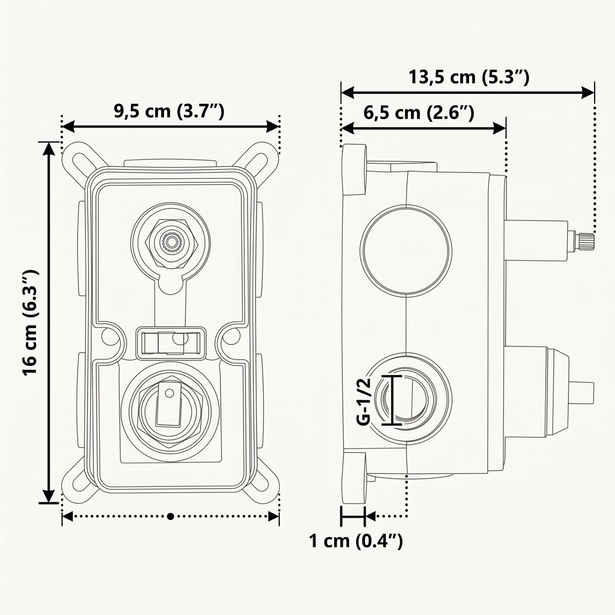 Colonne de douche encastrée ronde dorée — schéma des dimensions