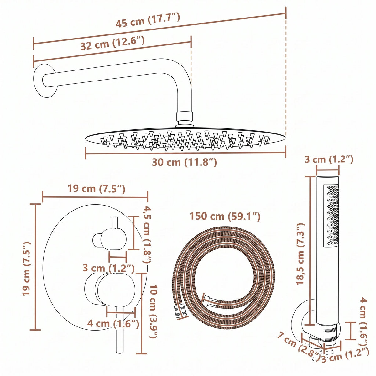 Colonne de douche encastrée ronde noire — schéma des dimensions