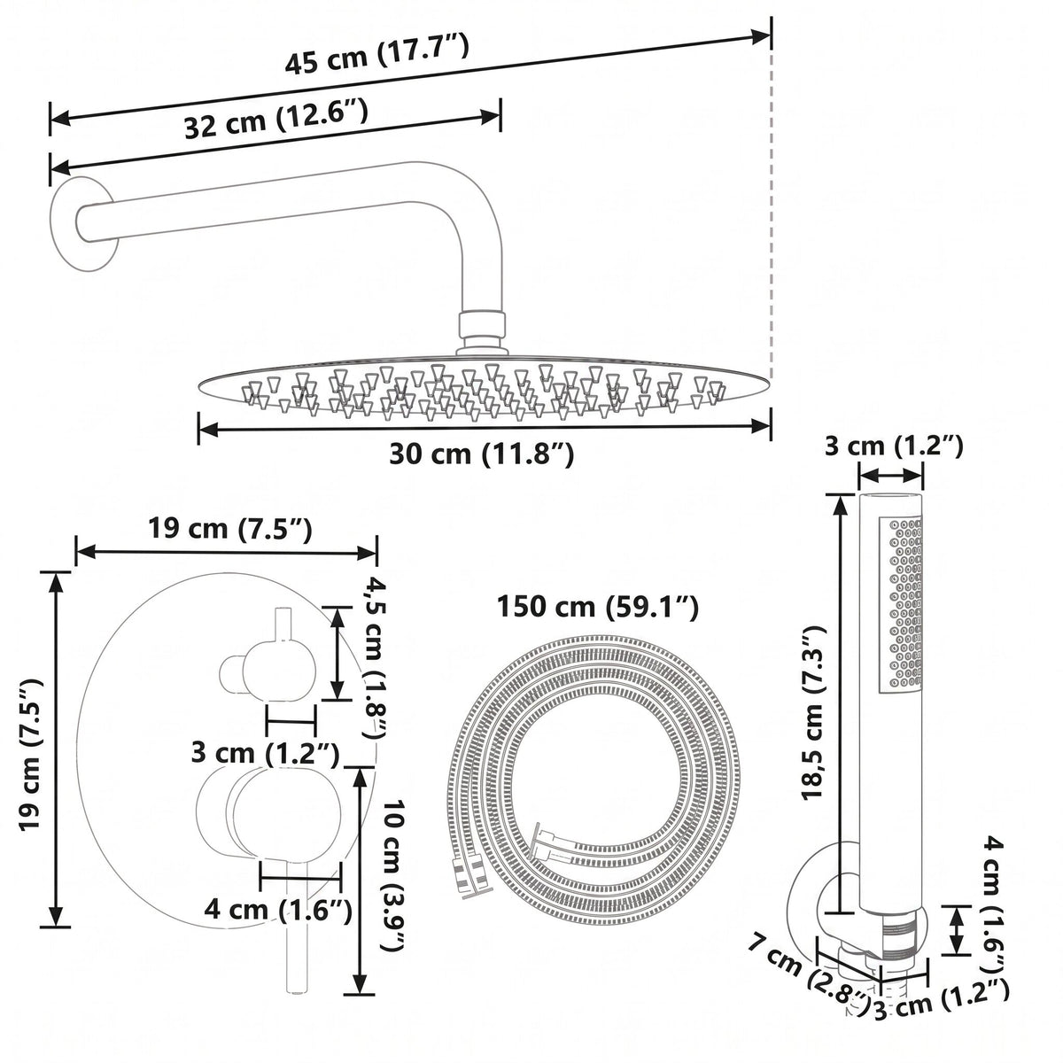 Colonne de douche encastrée ronde argentée — schéma des dimensions