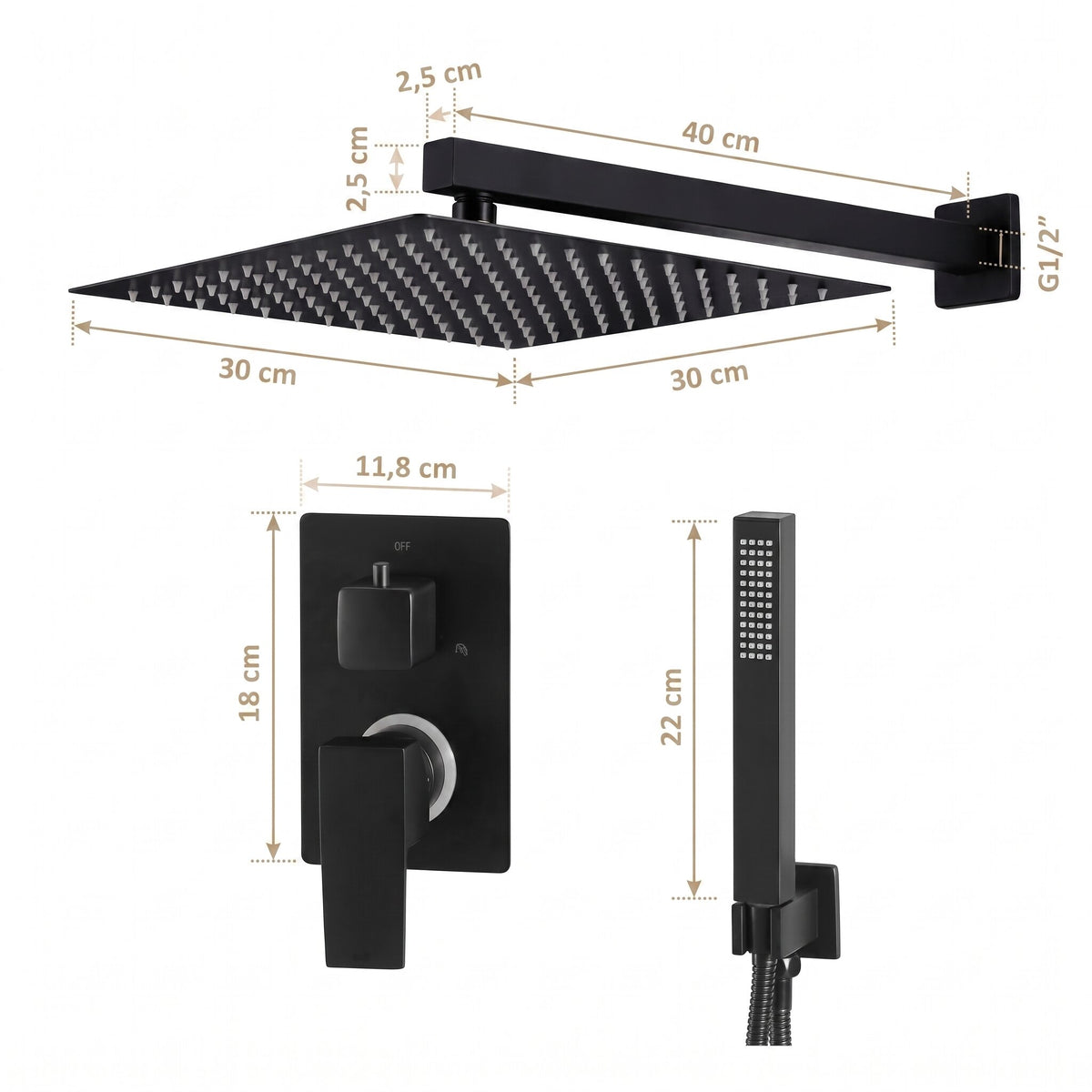 Colonne de douche pluie 30 × 30 grand modèle — schéma des dimensions