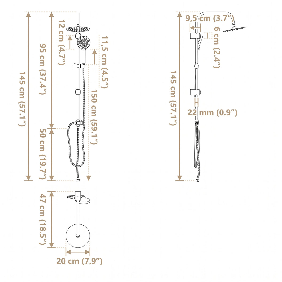 Colonne de douche compacte 95 cm argentée — schéma des dimensions