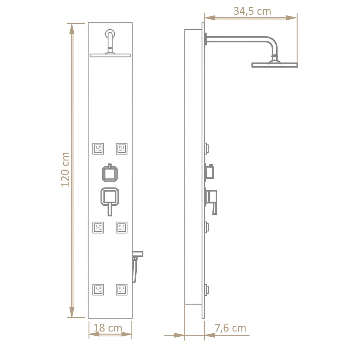 Panneau de douche hydromassant verre trempé 120 cm noir — schéma des dimensions