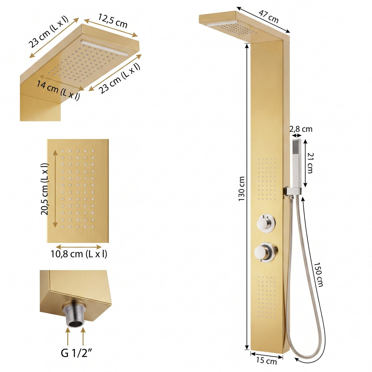 Panneau de douche hydromassant doré finition miroir — schéma des dimensions