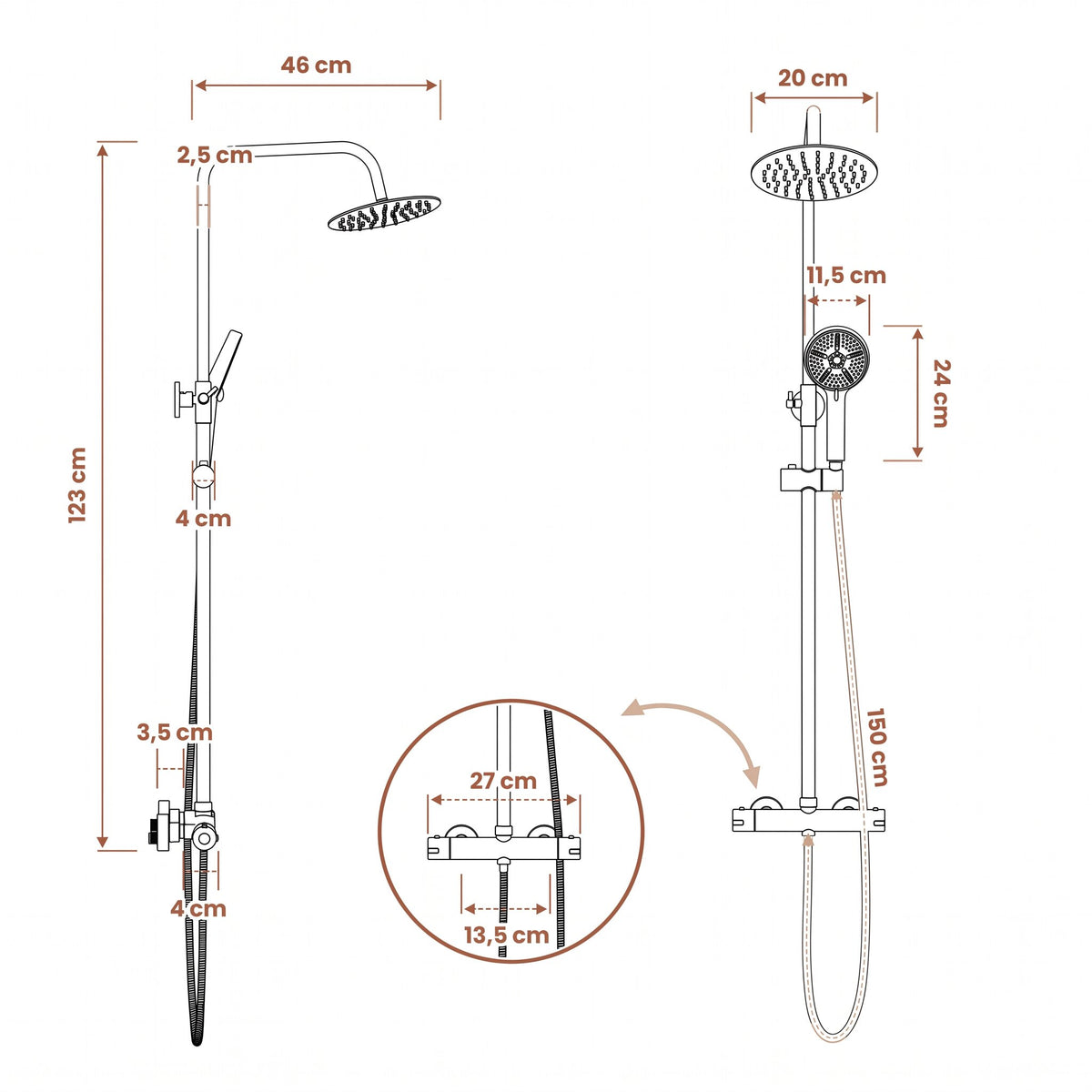 Colonne de douche thermostatique chromée — schéma des dimensions