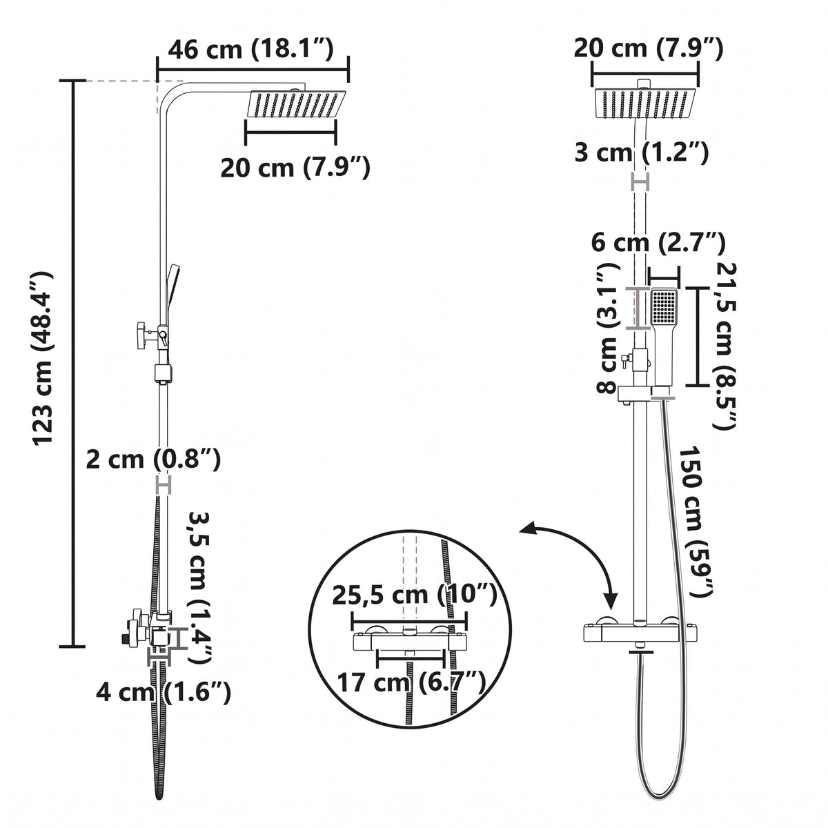 Colonne de douche thermostatique 123 cm noire — schéma des dimensions