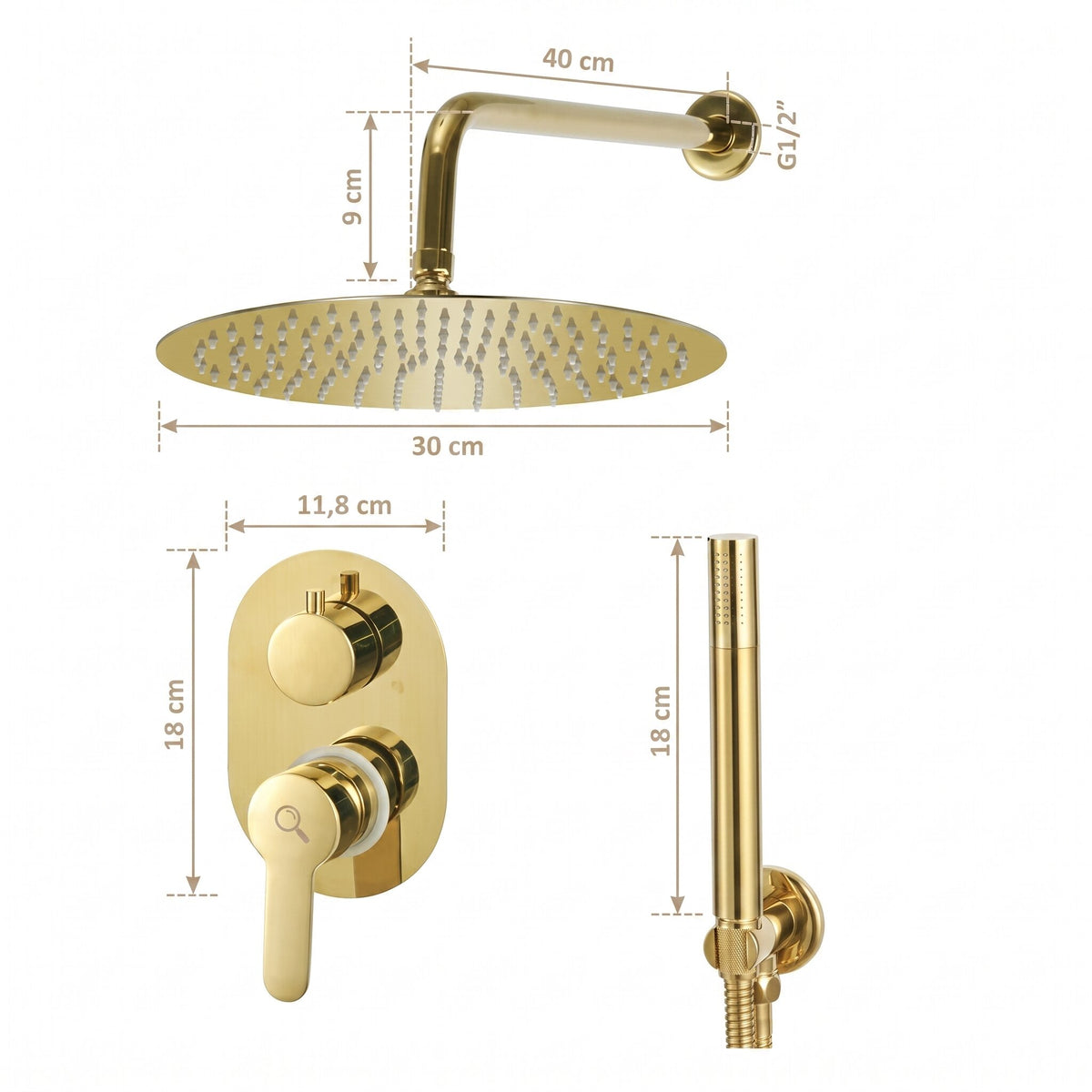 Colonne de douche pluie 30 × 30 dorée — schéma des dimensions