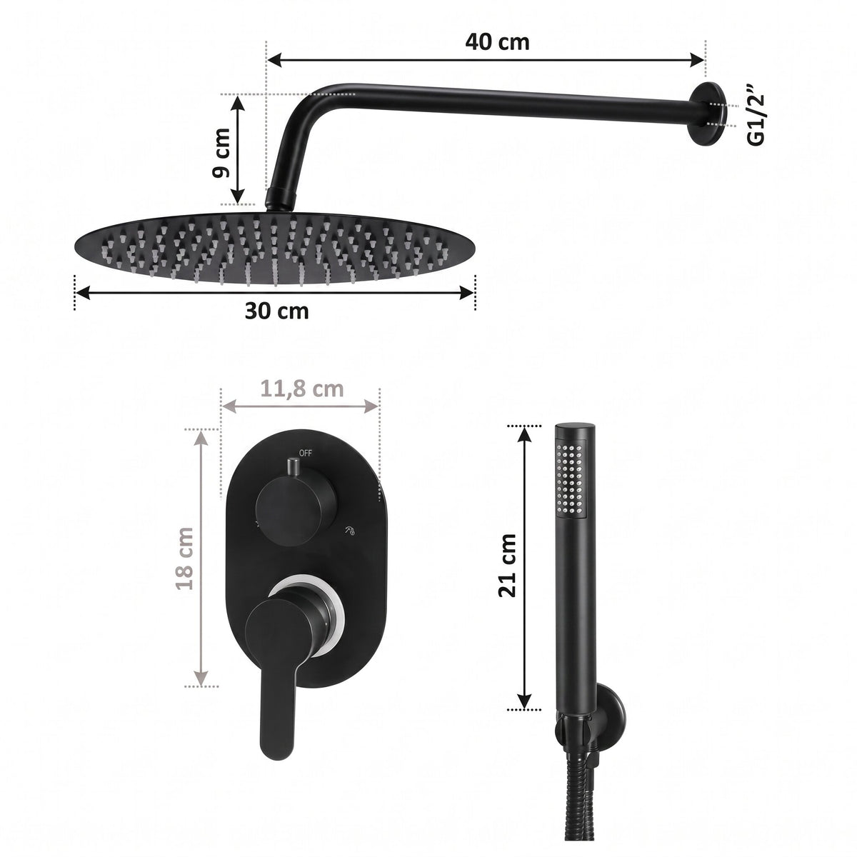 Colonne de douche pluie 30 × 30 noire — schéma des dimensions