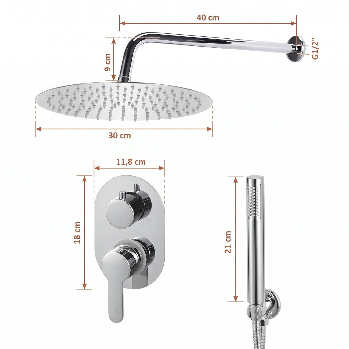 Colonne de douche pluie 30 × 30 argentée — schéma des dimensions